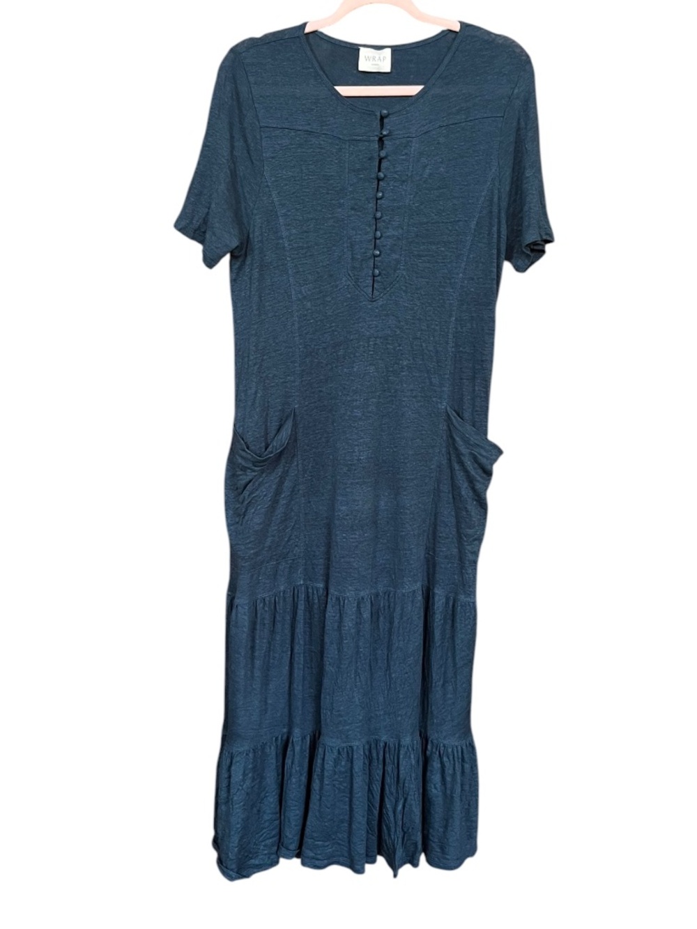 WRAP London Blue Linen Jersey Short Sleeve Tiered Lagenlook Maxi Dress SZ 6